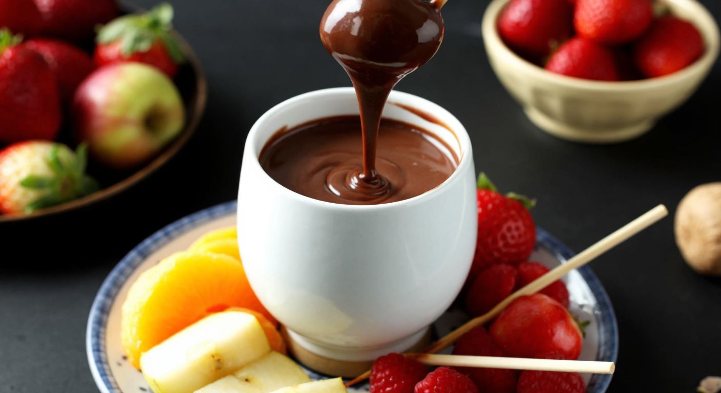 A warm, melted chocolate fondue in a sturdy porcelain cup, surrounded by fresh fruits and skewers, with a cozy Turkish home setting in the background.