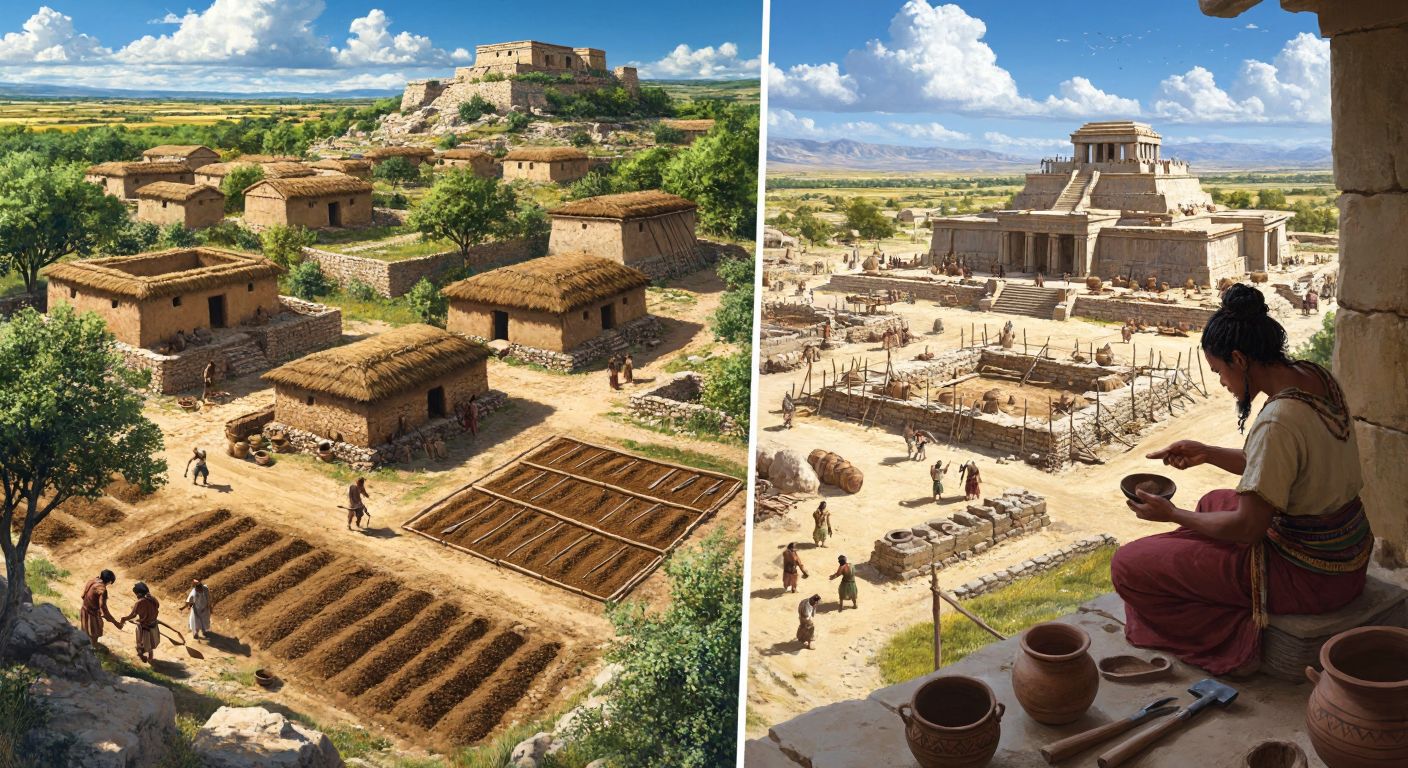 A split-image scene: on the left, a simple Neolithic village with mud-brick houses and farmers sowing seeds by hand; on the right, a bustling Chalcolithic town with copper tools, ornate pottery, and a central temple under construction.