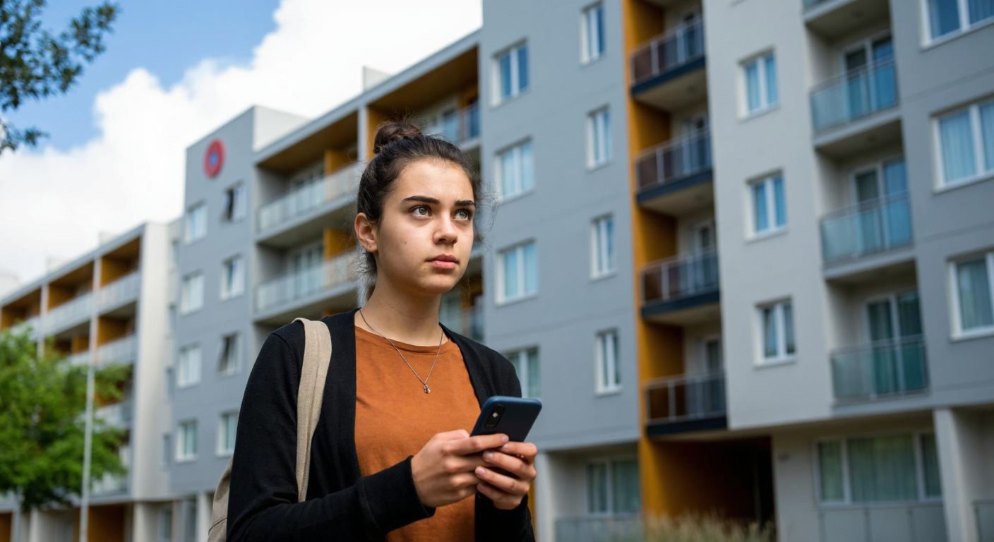 A young woman with a curious expression stands in front of a modern Turkish dormitory building, holding a smartphone while glancing at a printed list of dormitory names.
