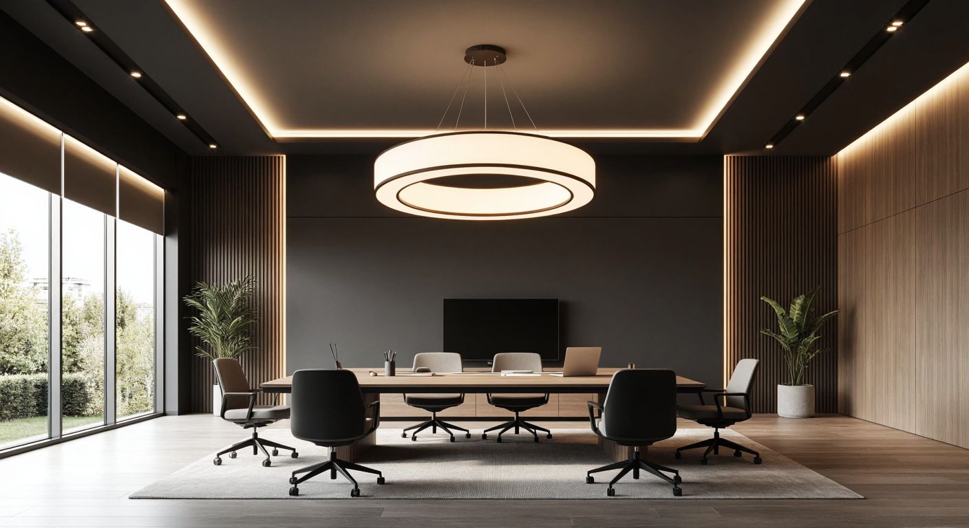 A sleek, modern Turkish office space with a high ceiling, illuminated by a stylish LED chandelier casting warm, natural white light over a minimalist wooden desk and ergonomic chairs.