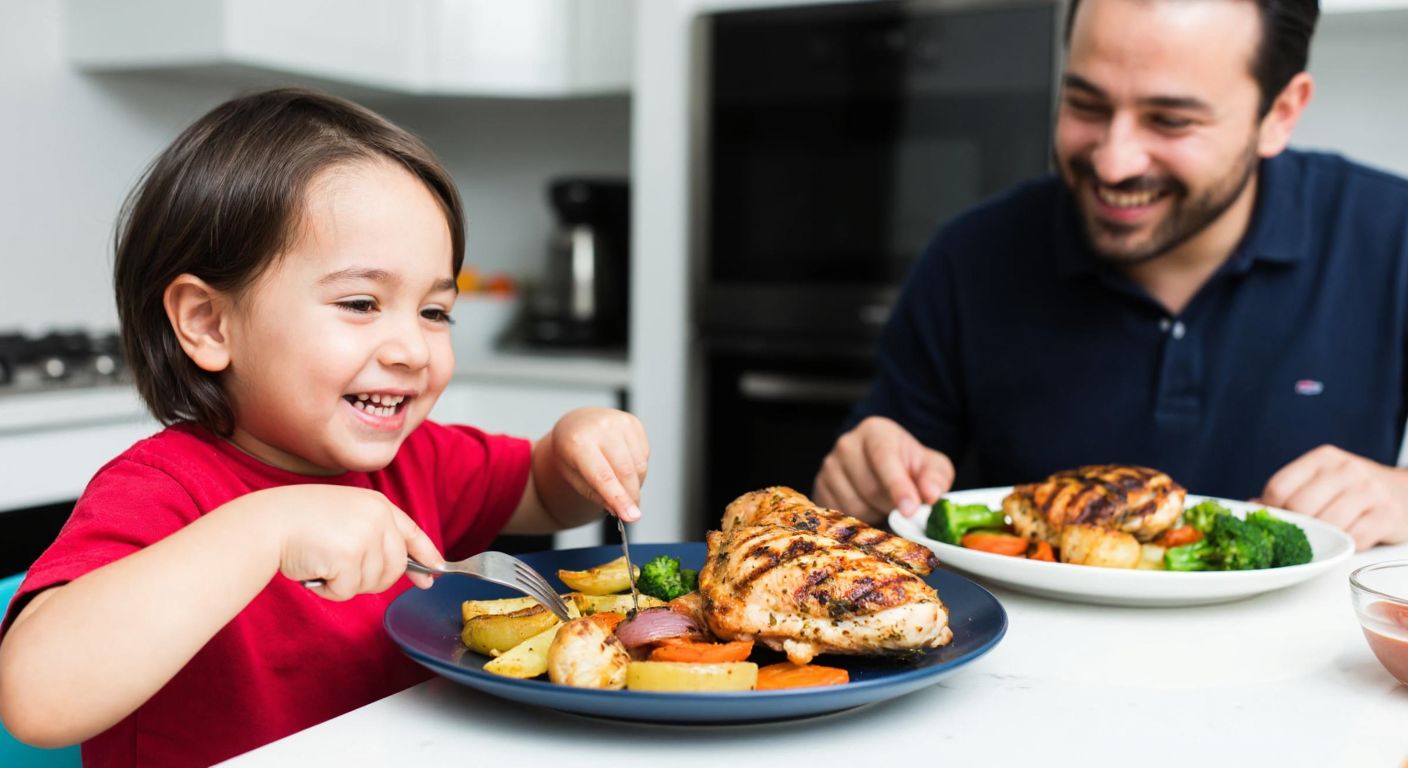 A cheerful preschooler in a Turkish kitchen happily eating a plate of grilled chicken with steamed vegetables, while a smiling parent watches nearby.