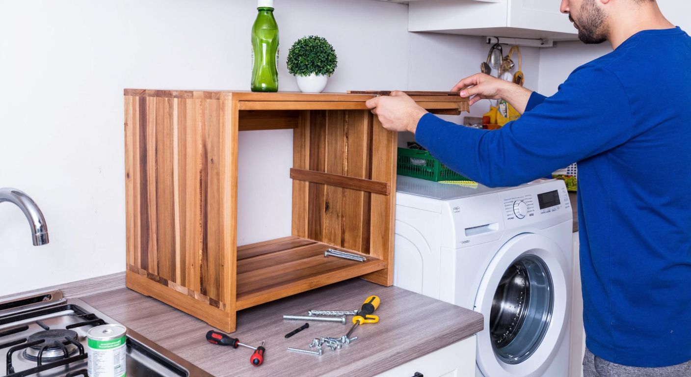 A person in a Turkish home kitchen carefully assembling a wooden organizer shelf above a washing machine, with tools and screws laid out on a counter nearby.