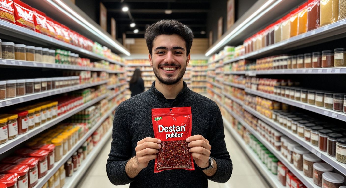 A cheerful shopper in a BİM supermarket in Turkey, holding a bright red packet of Destan pul biber with shelves of spices in the background.