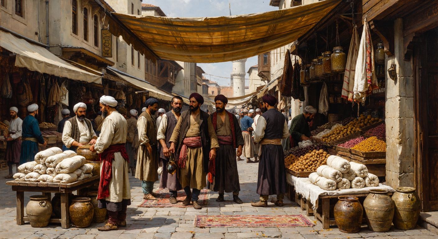 A bustling Ottoman-era marketplace with merchants in traditional attire selling sacks of flour, jars of honey, bundles of cotton, and rolls of silk fabric under a shaded wooden stall.