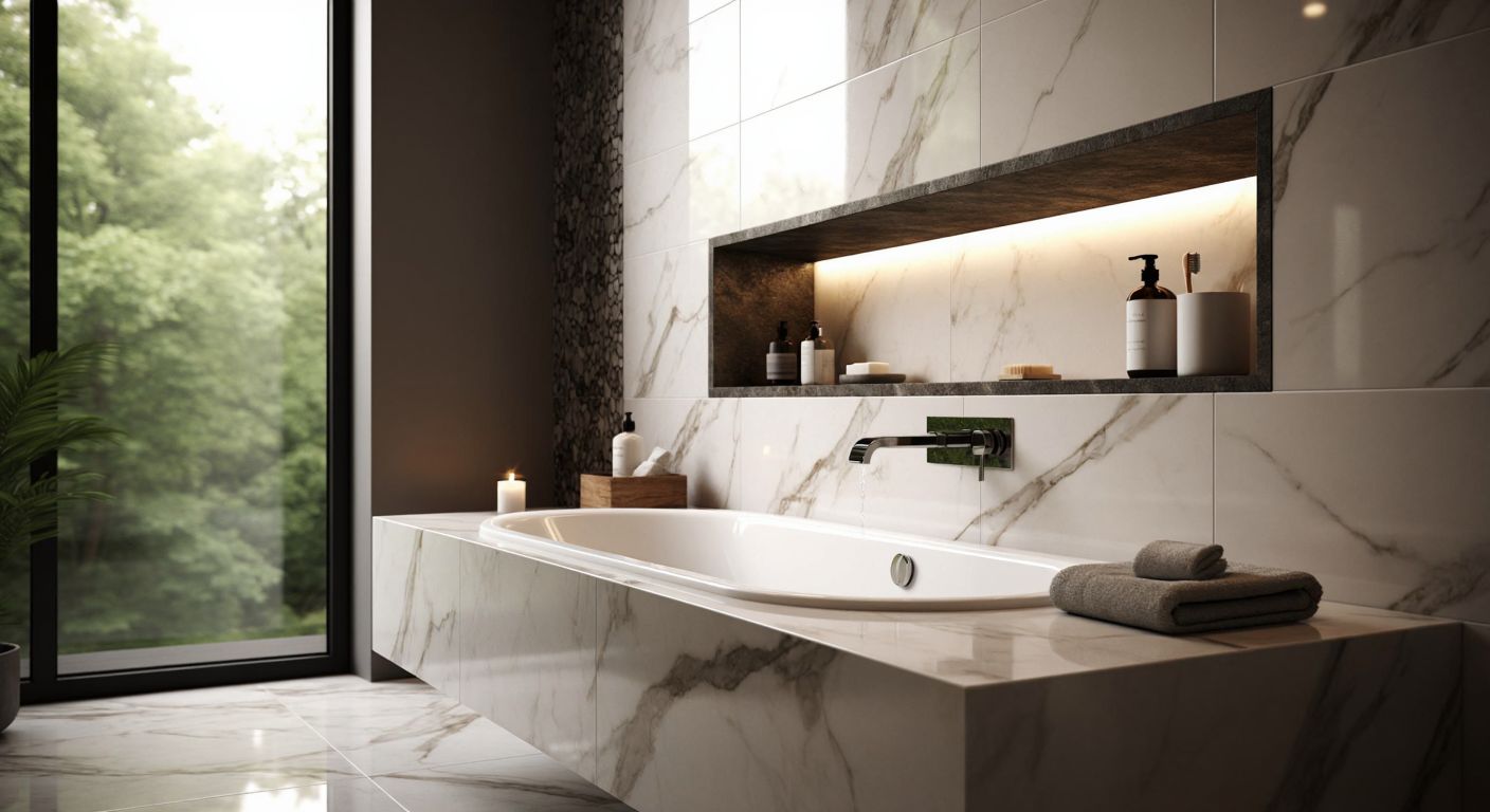 A modern Turkish bathroom with a sleek recessed niche showcasing glossy ceramic tiles and elegant marble accents, reflecting light and water droplets.