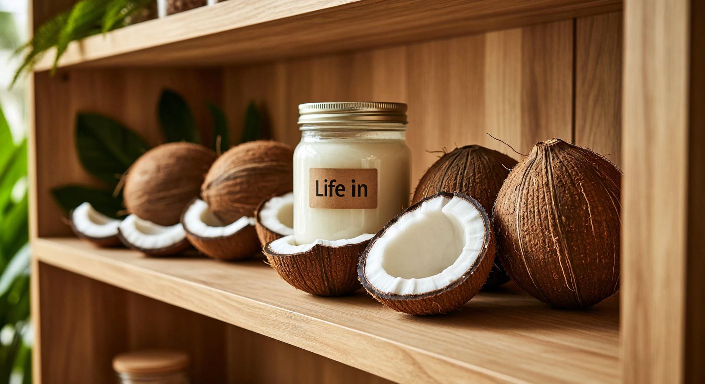 A warm-toned wooden shelf in a Gratis store displays a glass jar of Life In coconut oil with fresh halved coconuts beside it, evoking natural purity.