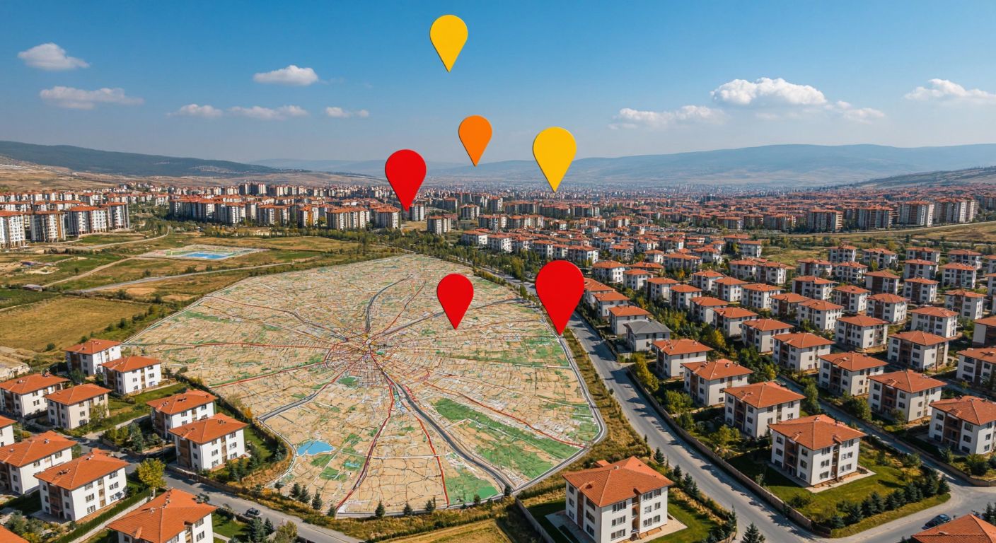 A detailed map of Ankara with pins marking the districts of Ayaş, Gölbaşı, Kahramankazan, Mamak, Etimesgut, Polatlı, and Sincan, surrounded by partially constructed TOKİ housing projects under a clear blue sky.