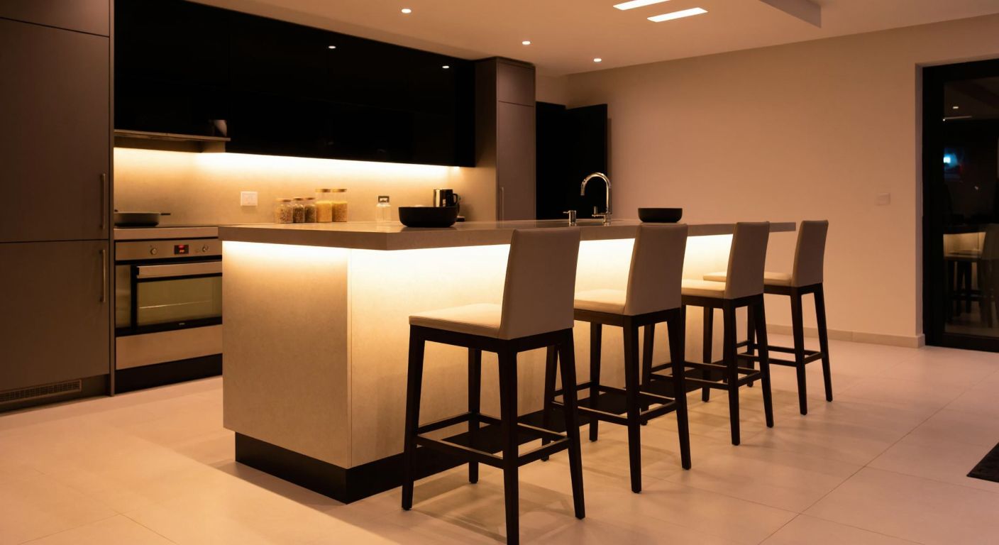 A modern Turkish kitchen with a sleek, freestanding island in the center and tall, slender bar stools neatly arranged around it, bathed in warm lighting.