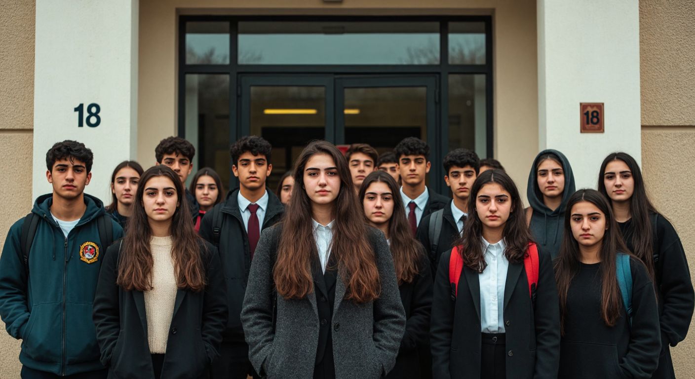 A group of diverse Turkish teenagers in school uniforms standing at the entrance of a modern high school, some looking relieved while others appear determined, with a faded "18" subtly etched on the gate's pillar.