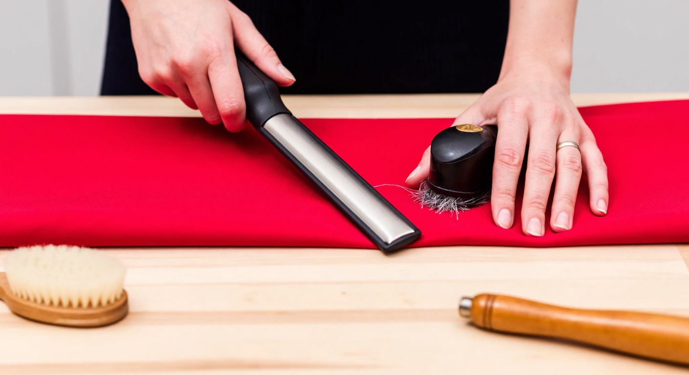 A close-up of a person’s hands carefully using a hair clipper to remove loose threads from a vibrant red fabric spread flat on a wooden table, with a lint roller nearby and a soft brush resting beside it.