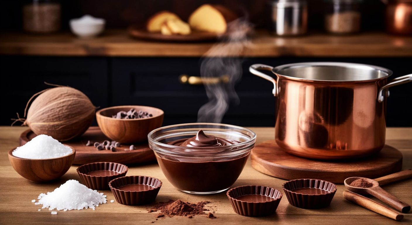 A warm Turkish kitchen with a wooden table displaying melted cocoa butter in a glass bowl over a steaming pot, surrounded by coconut sugar, cocoa powder, vanilla extract, and sea salt, with small silicone molds ready to be filled with the glossy chocolate mixture.
