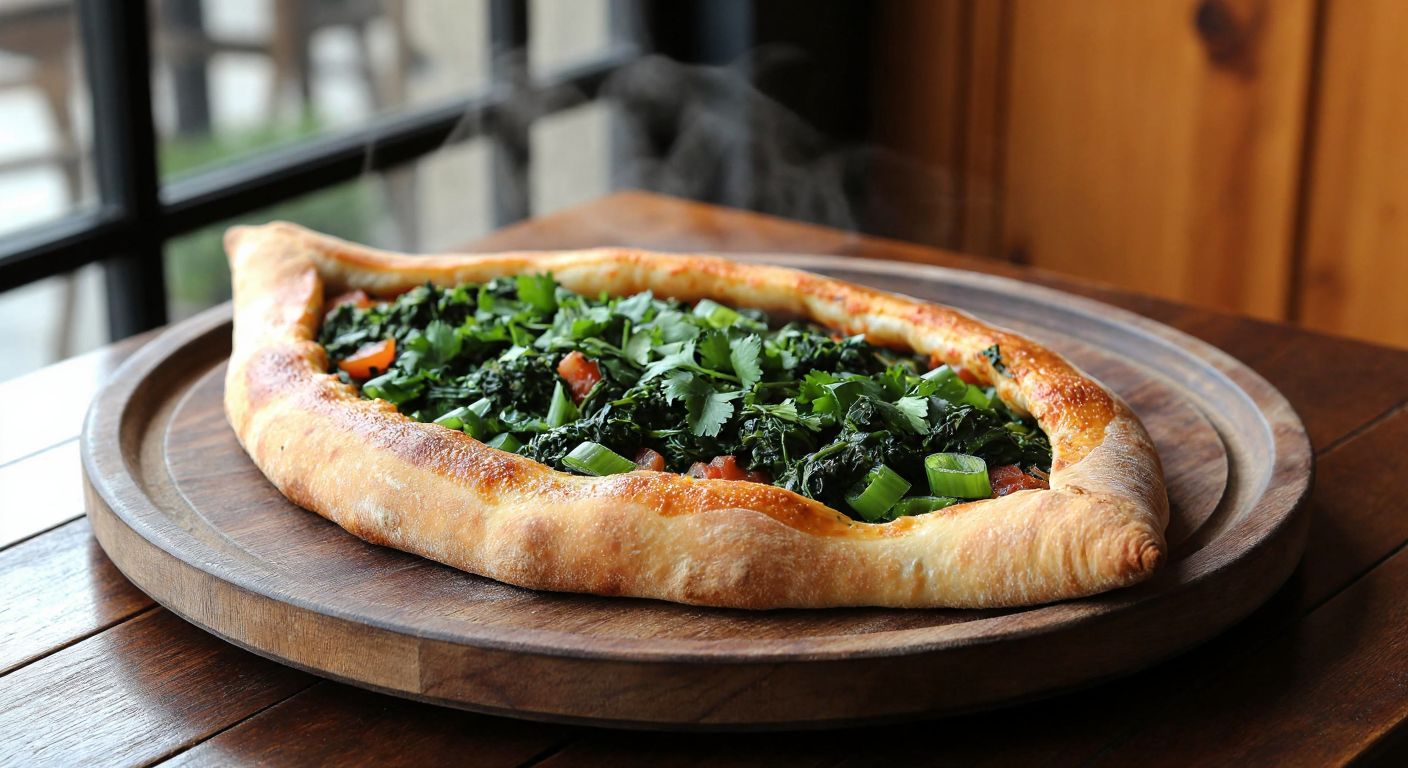 A freshly baked, golden-brown Buldan pide, sliced open to reveal a vibrant filling of seasonal greens like green onions, parsley, and spinach, steaming on a traditional wooden tray in a cozy Turkish bakery.