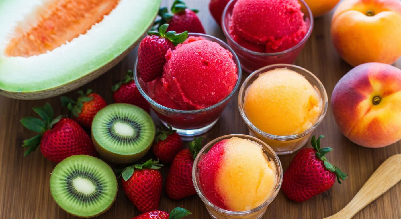 A vibrant Turkish kitchen counter displays fresh strawberries, melon, peaches, and kiwis arranged around a glass bowl of colorful sorbet, with a wooden spoon resting beside it.