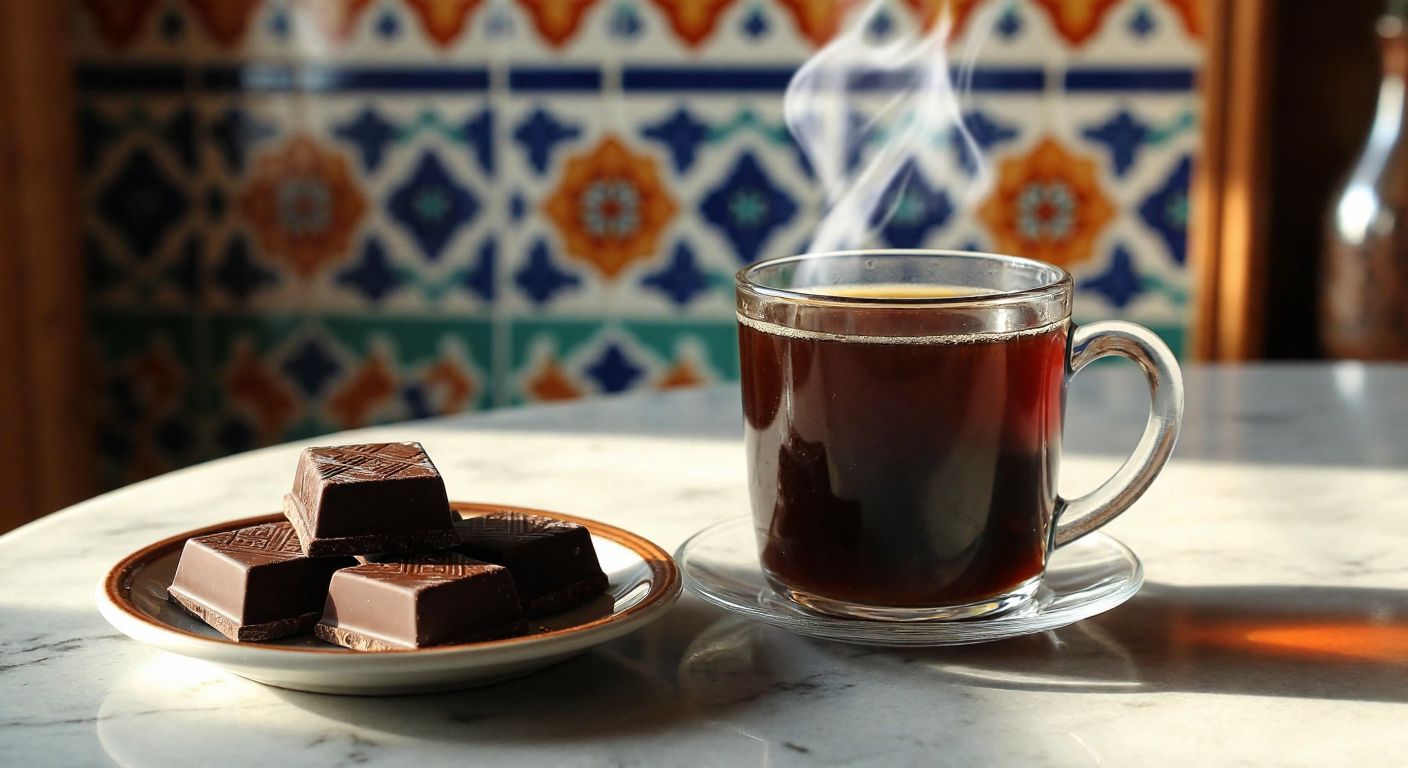 A steaming cup of dark-roasted Turkish coffee with a rich, deep brown hue sits beside a small plate of bitter chocolate squares, both emitting warm aromas in a cozy café with traditional Turkish tiles in the background.