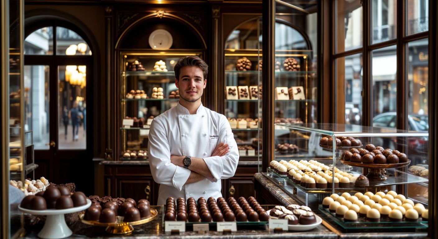 A Belgian entrepreneur in a crisp white chef’s coat stands proudly behind a glass counter filled with handcrafted chocolates in a Brussels shop, with warm golden lighting reflecting off the rich, glossy treats.