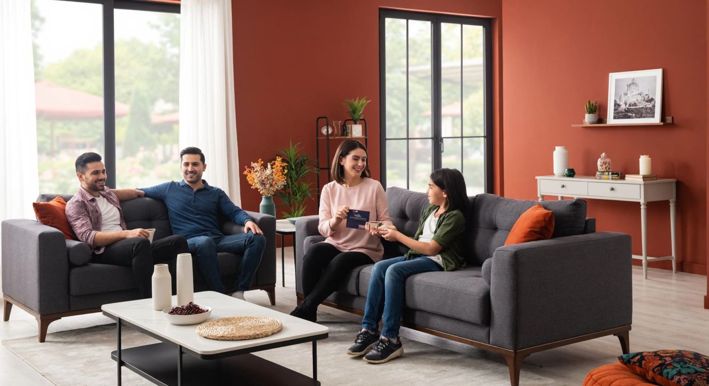 A cozy living room in Turkey with a modern Vivense sofa, where a smiling family sits comfortably while a shop assistant in a branded apron hands them a small warranty card.
