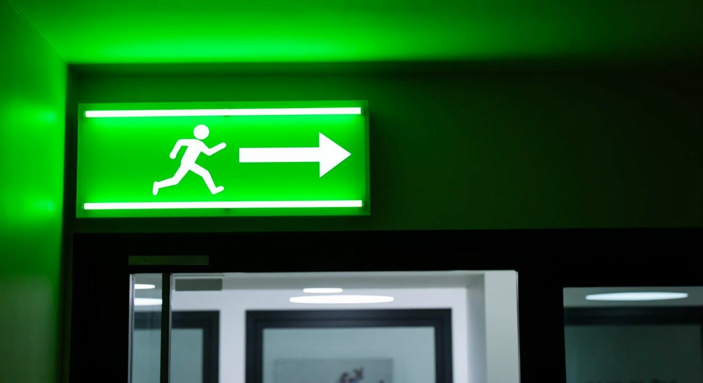A glowing green rectangular sign with a white arrow and running figure, mounted above a doorway in a dimly lit public building in Turkey, guiding people to safety during an emergency.