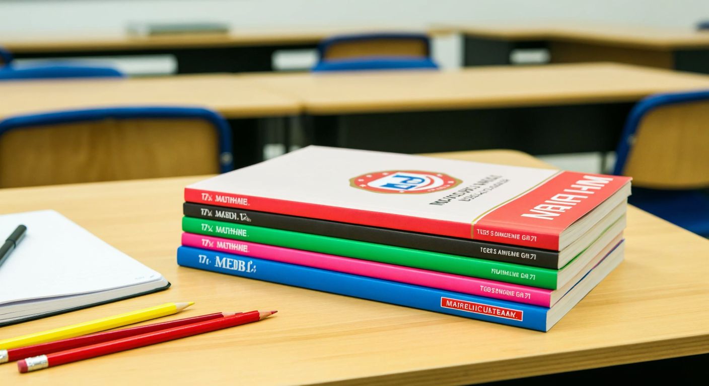 A neat stack of colorful 7th-grade math textbooks with the MEB logo on one, placed on a wooden classroom desk in Turkey, surrounded by pencils and a notebook.