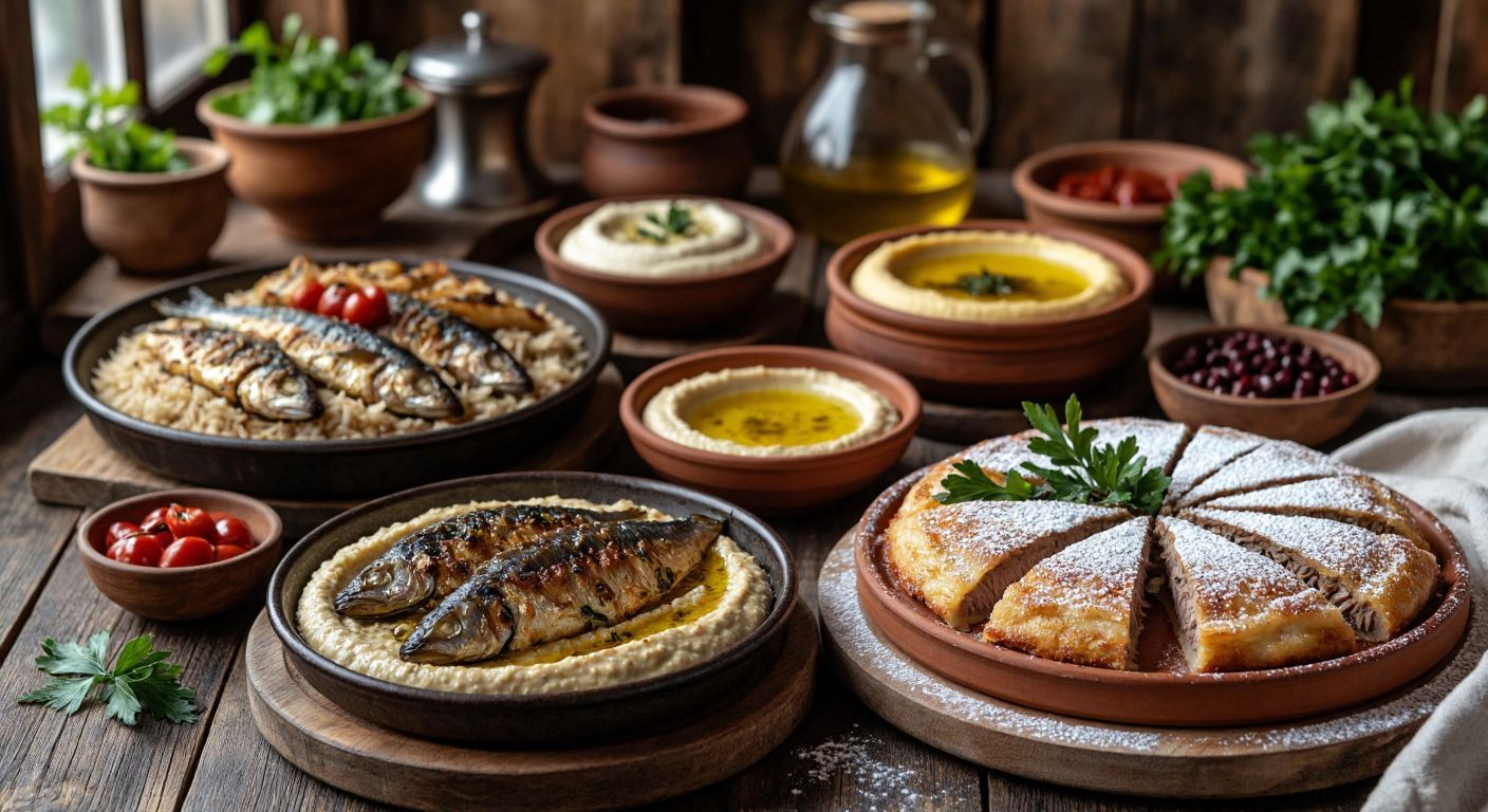 A rustic wooden table in a cozy Turkish kitchen holds a steaming plate of hamsili pilav with golden fish, a bowl of creamy humus drizzled with olive oil, a rich hünkar beğendi with tender meat, succulent hindi tandır on a clay platter, and a slice of höşmerim tatlısı dusted with powdered sugar, surrounded by fresh herbs and warm light.