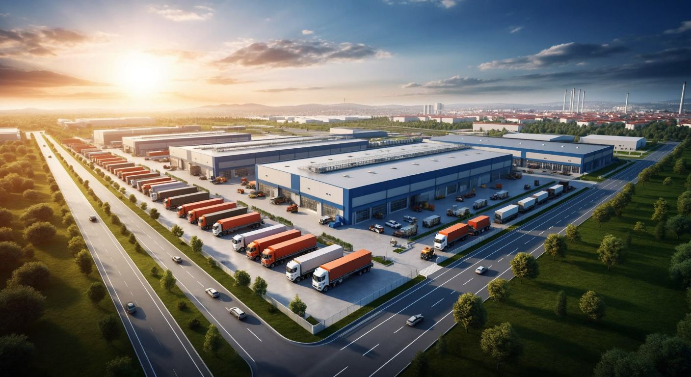 A modern factory with organized assembly lines, surrounded by well-planned roads and green spaces, under a bright sky in an industrial zone near Istanbul, with workers efficiently moving materials and trucks loaded with goods ready for distribution.