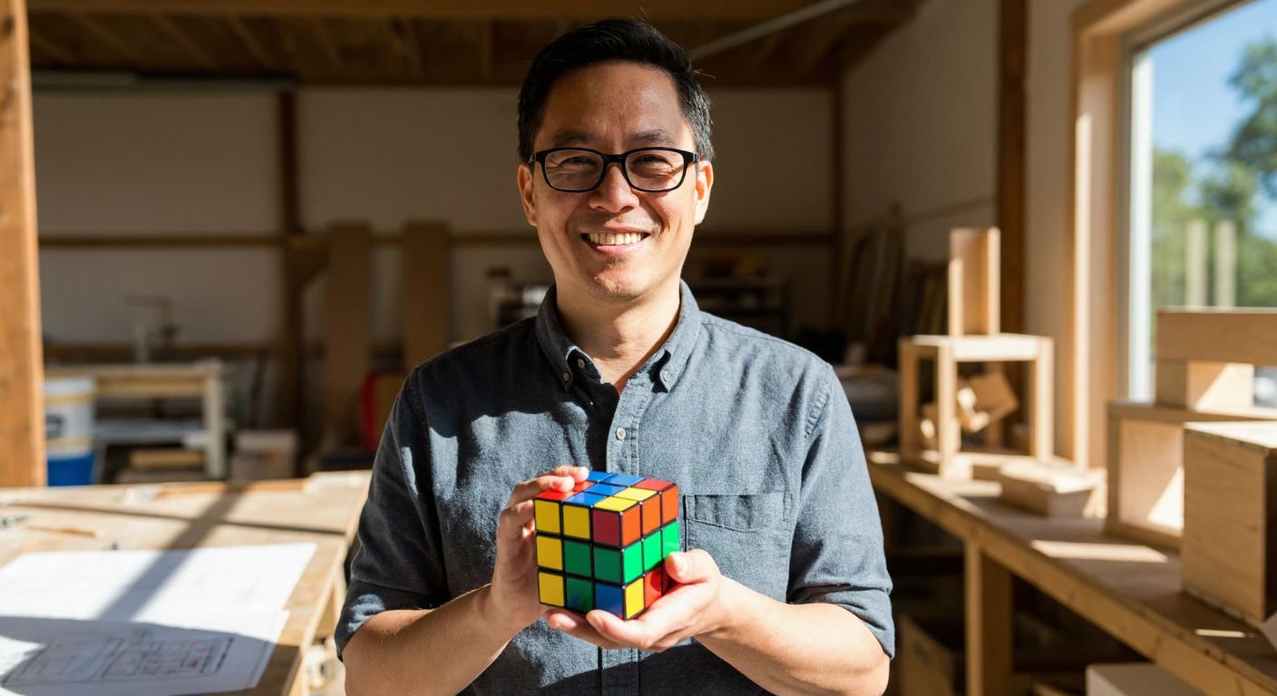 A middle-aged man with short dark hair and glasses, wearing a casual shirt, stands in a sunlit workshop, holding a colorful Rubik's Cube with a proud smile, surrounded by wooden prototypes and blueprints.