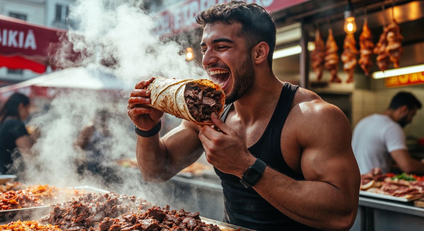 A muscular person happily eating a juicy, freshly sliced beef döner wrap in a bustling Turkish street food stall, with steam rising from the meat and vibrant spices visible.