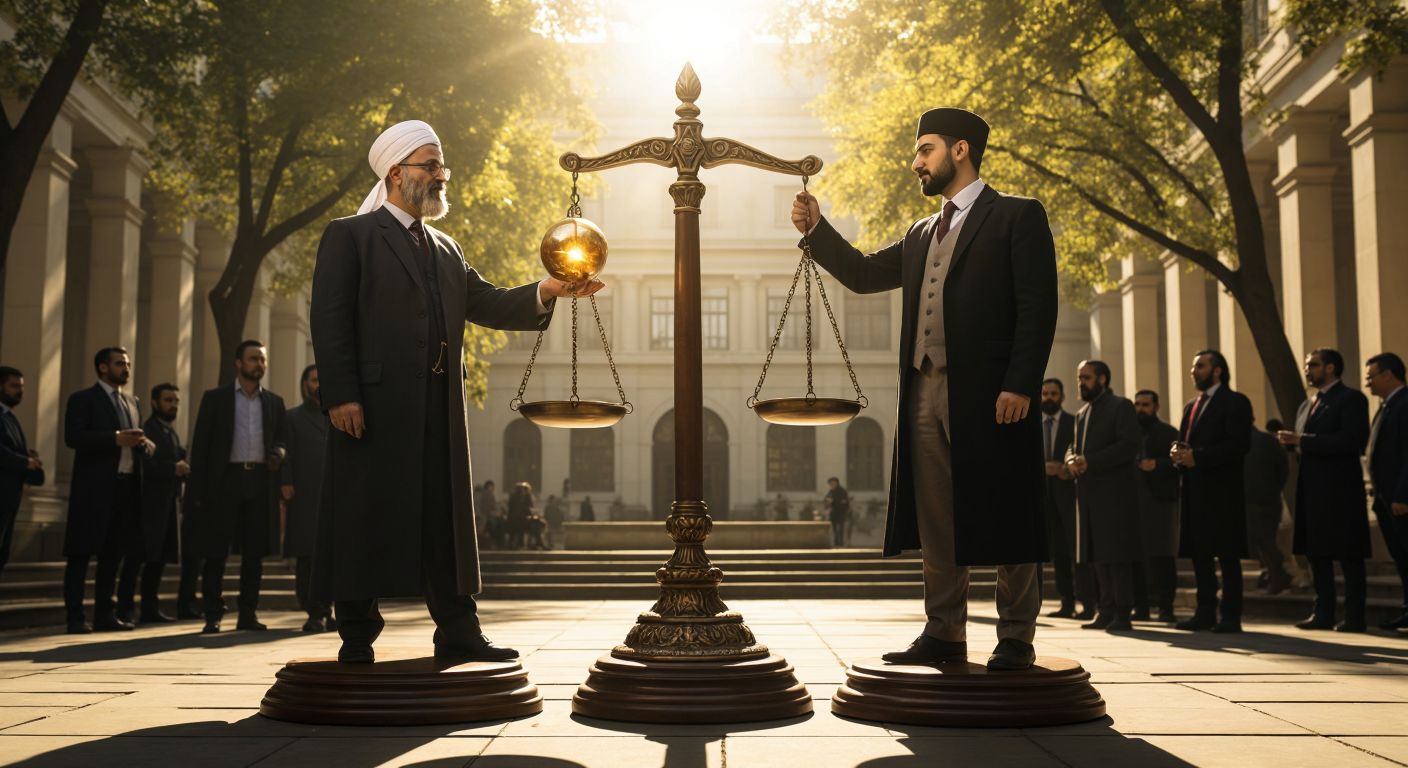 A pair of balanced golden scales in a sunlit academic courtyard, one side holding a glowing orb labeled "quality" and the other a stamped scroll labeled "accreditation," with Turkish scholars in formal attire observing thoughtfully.  

*(Note: While this avoids explicit text/symbols in the image itself, the "labels" mentioned are purely conceptual for clarity in this description. In an actual visual, these would be represented through visual metaphors like a radiant sphere for quality and an embossed document for accreditation.)*  

**Simplified compliant version:**  
A pair of golden scales in an academic courtyard, one side holding a radiant sphere and the other a stamped scroll, with Turkish scholars observing thoughtfully.