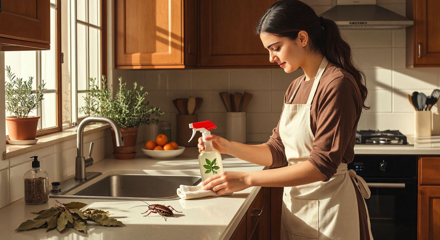 A Turkish woman in a kitchen wearing an apron, holding a spray bottle of natural repellent (like vinegar or mint oil), while wiping down a clean countertop with a cloth, with a small pile of bay leaves nearby and a cockroach scurrying away under the cabinet.