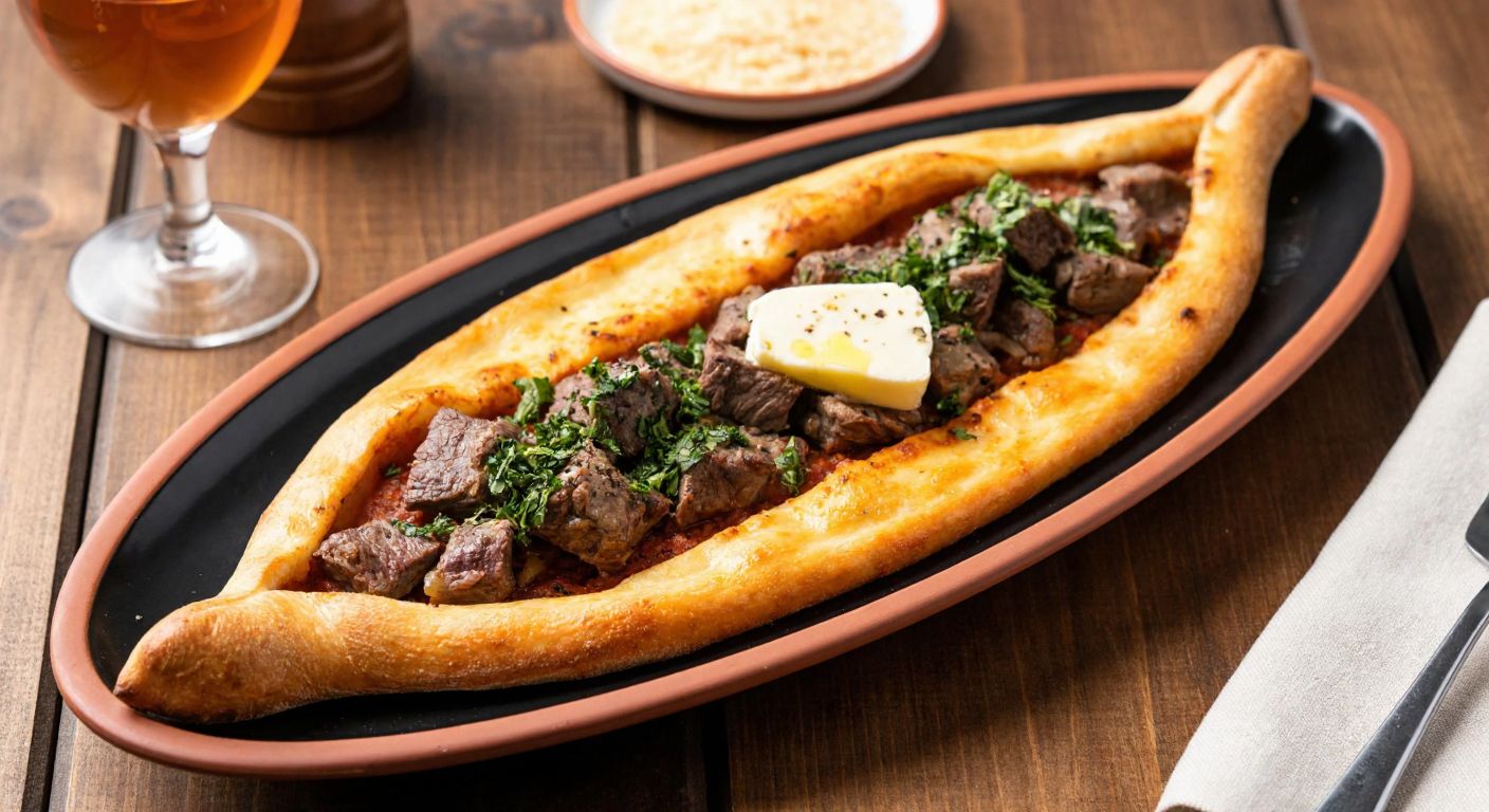A steaming golden pide filled with tender chunks of lamb or beef, topped with melted butter and fresh herbs, served on a rustic wooden table in a cozy Turkish kitchen.