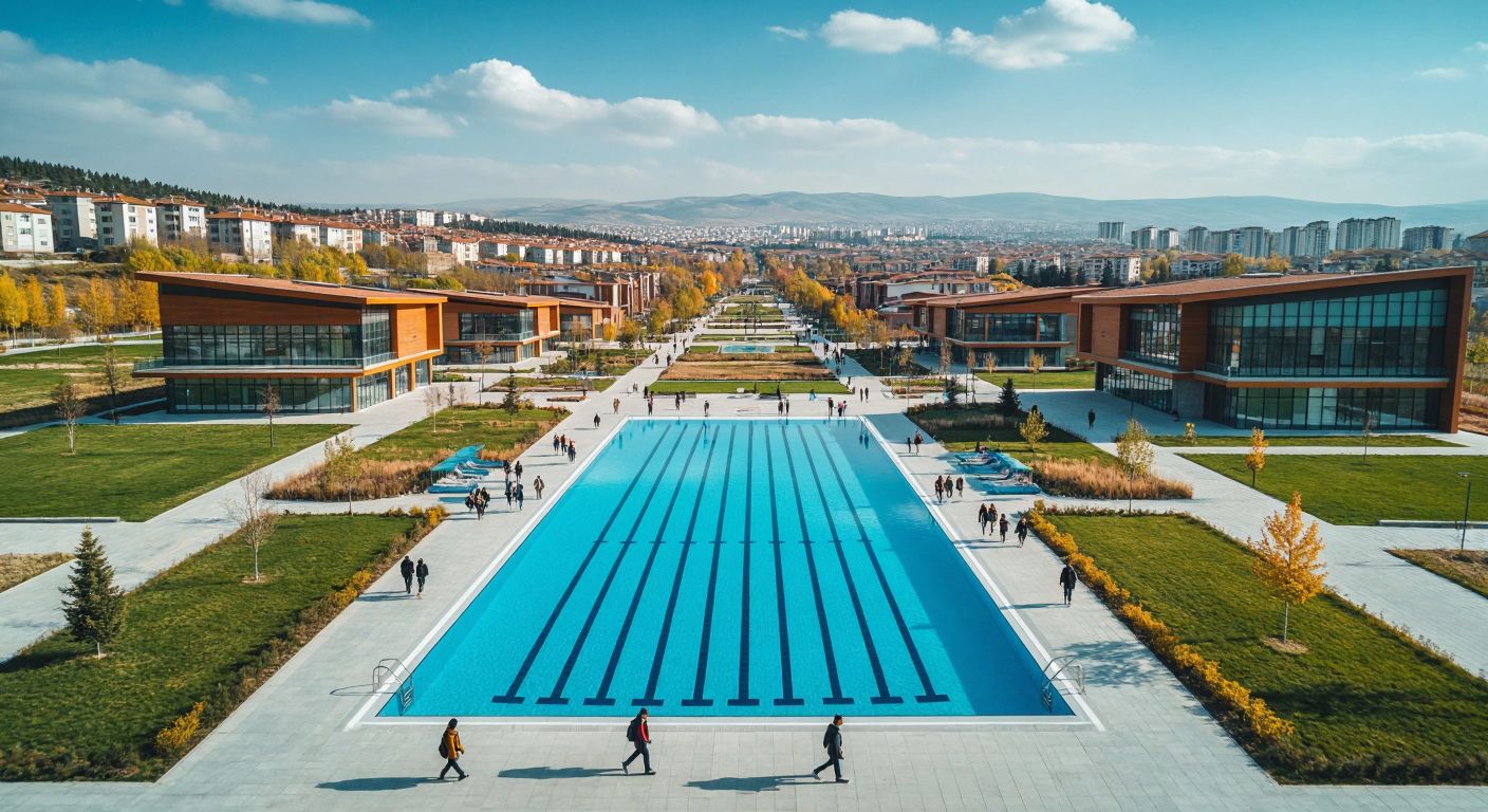 A sprawling green university campus in Kütahya with modern buildings, students walking near an Olympic-sized swimming pool, and a distant view of the city center, reflecting both opportunity and isolation.