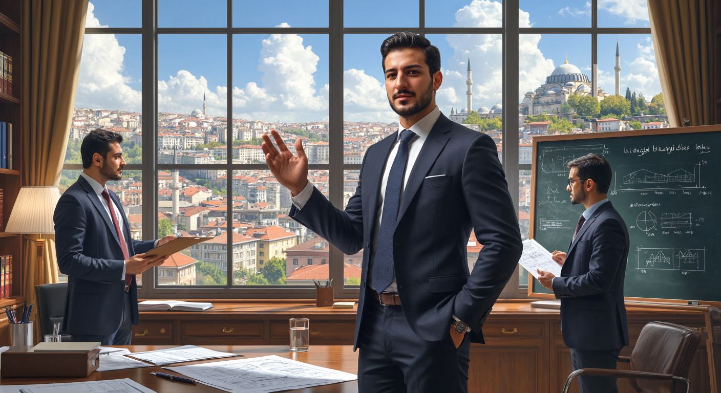 A confident Turkish businessman in a sleek suit stands in a modern office, holding a blueprint in one hand and gesturing toward a European city skyline through a large window, while another scene shows a lawyer in a sharp suit reviewing documents in a sleek Istanbul law firm, and a third depicts a professor in a lab coat lecturing in front of a university chalkboard filled with engineering diagrams.
