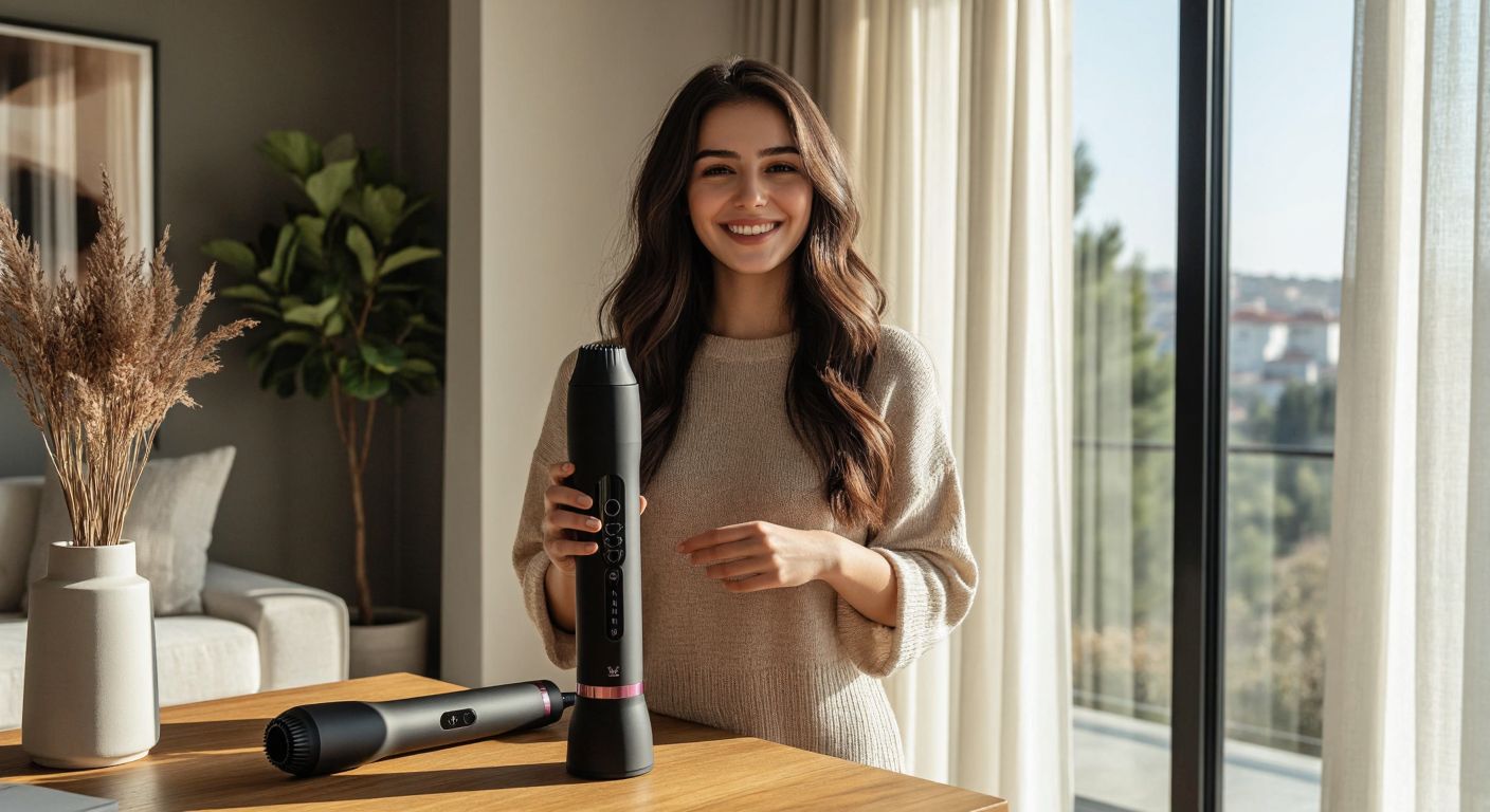 A sleek Sinbo Pro Airwrap hair styler placed on a wooden table in a modern Turkish home, with a smiling woman confidently holding it while sunlight streams through sheer curtains.