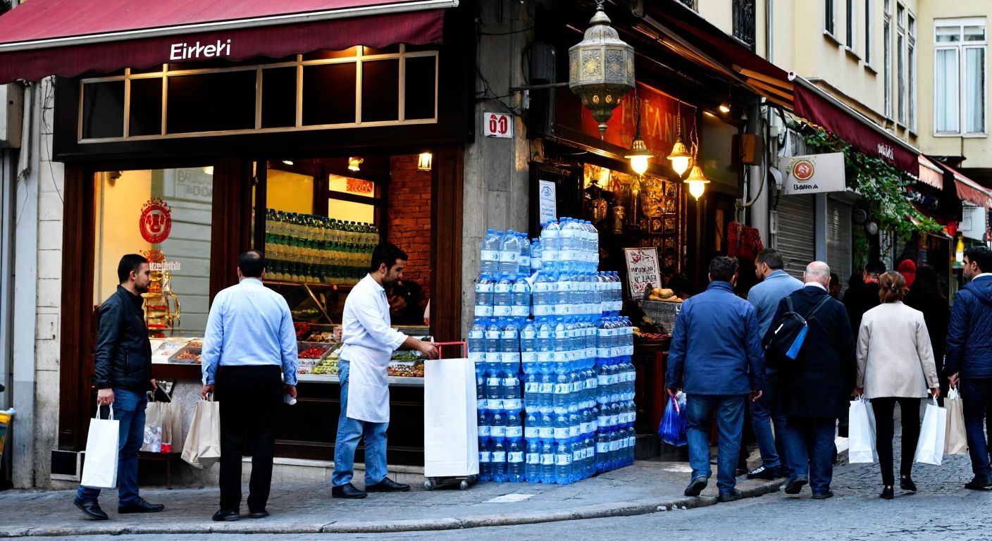 A bustling street in Istanbul's Fatih district, with a small shop displaying stacks of Erikli water bottles, a vendor in a white apron arranging them, and customers carrying shopping bags under the warm glow of a traditional Turkish streetlamp.