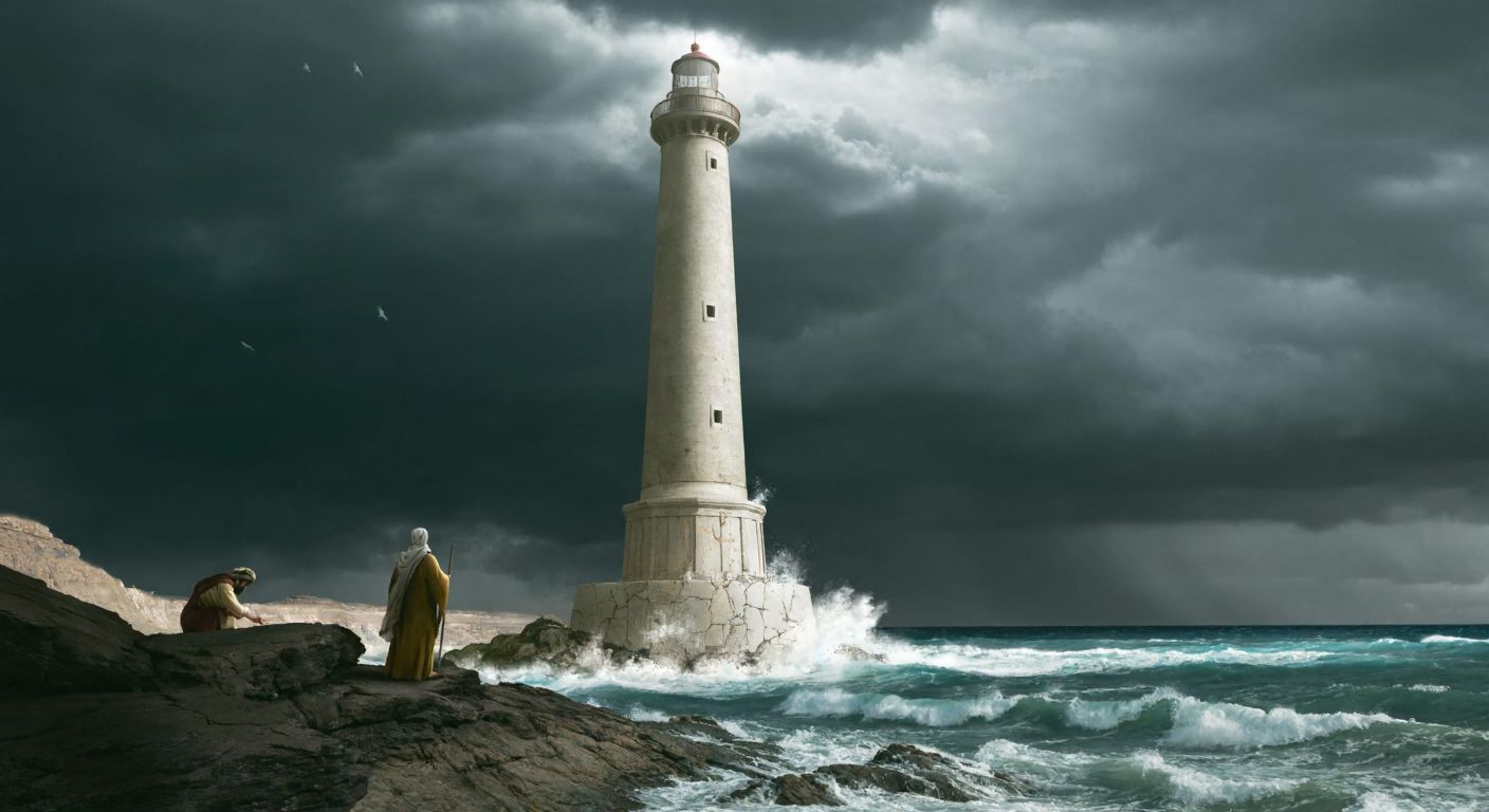 A towering ancient lighthouse crumbles into the sea under a stormy sky, with waves crashing against its cracked marble base, while distant figures in traditional Egyptian robes watch in sorrow from the rocky shore.