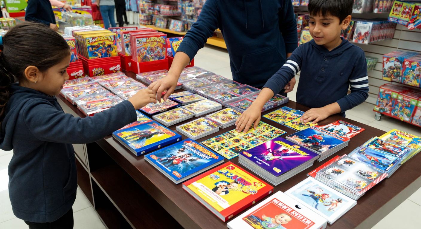 A colorful display of Panini sticker albums and loose stickers spread across a wooden table in a Turkish toy store, with eager children in casual clothing reaching for them.