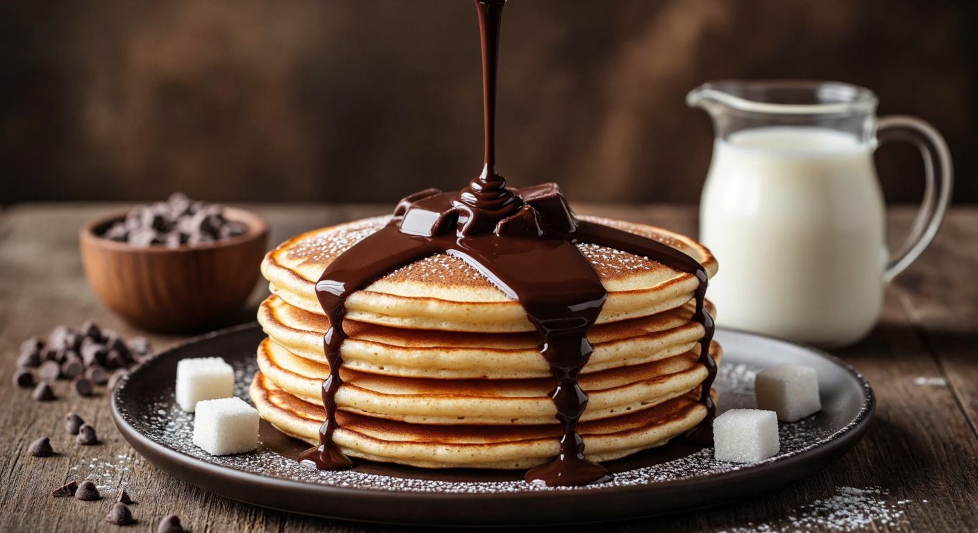 A warm, glossy chocolate sauce slowly drizzling over a stack of fluffy pancakes, with a rustic Turkish kitchen backdrop featuring scattered cocoa powder, sugar cubes, and a small pitcher of milk nearby.