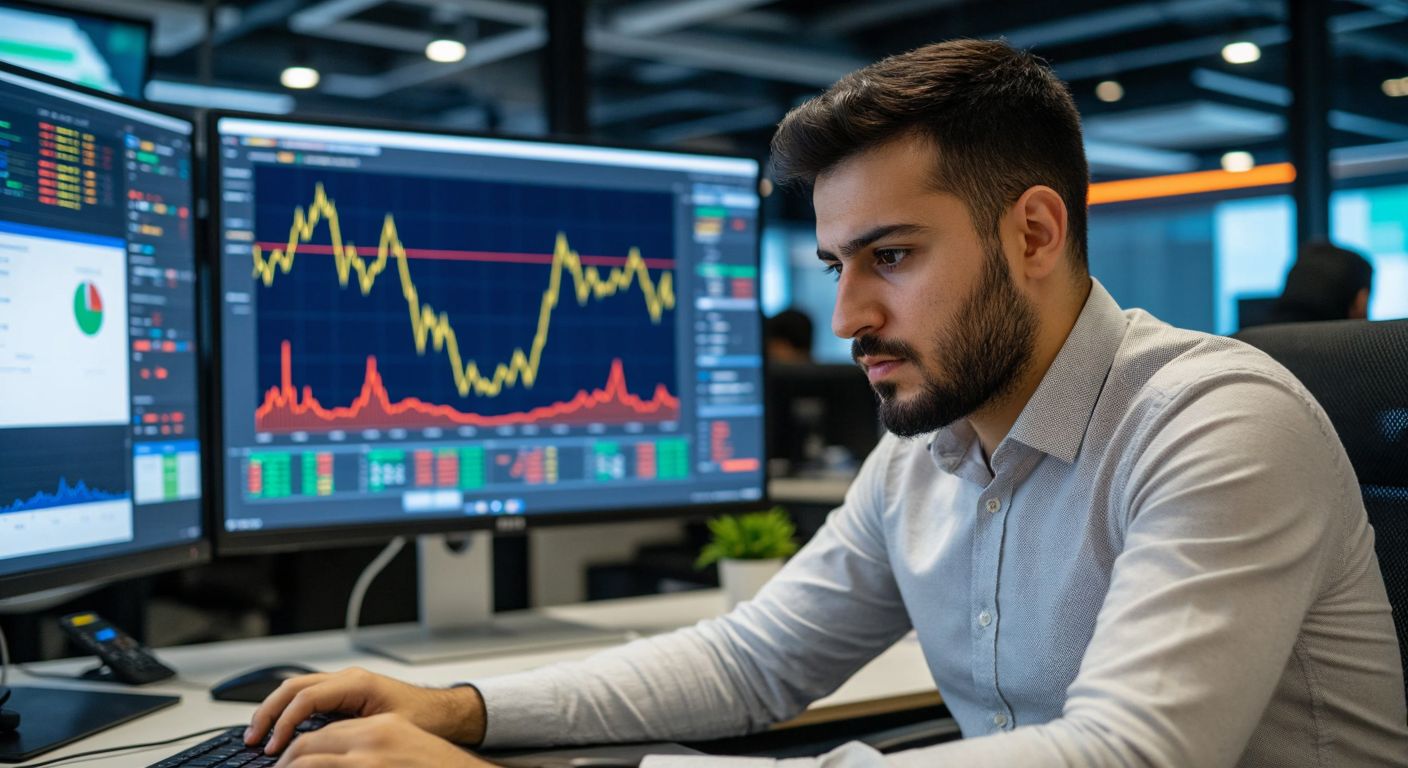 A focused Turkish trader in a modern office, analyzing a volatile stock chart with sharp peaks and valleys while referencing a Chaikin volatility indicator on a secondary screen.