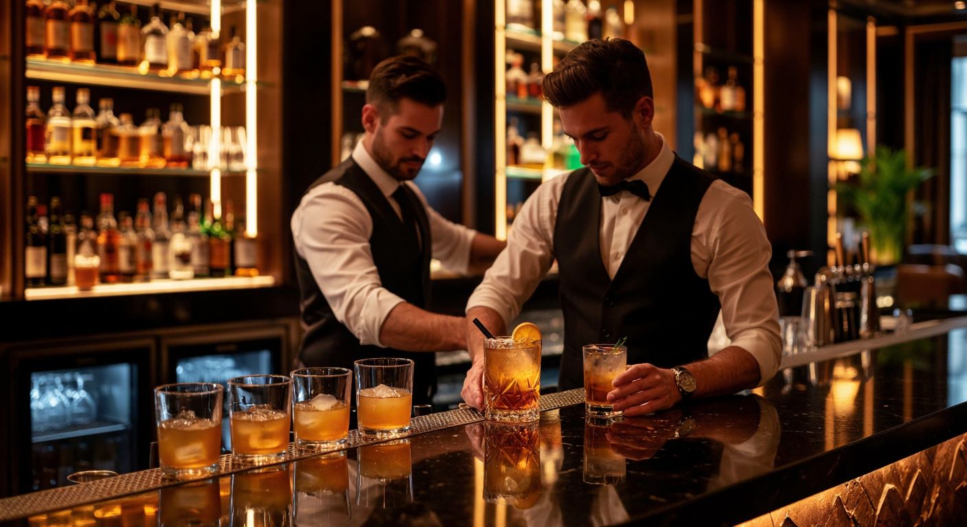 A sleek, dimly lit hotel bar with amber-colored drinks on a polished counter, a bartender in a crisp black vest preparing a cocktail, and a guest in stylish attire hesitating near a "No Alcohol in Rooms" sign (implied but not shown).  

*(Note: The "No Alcohol in Rooms" is implied through context—no actual text is depicted.)*