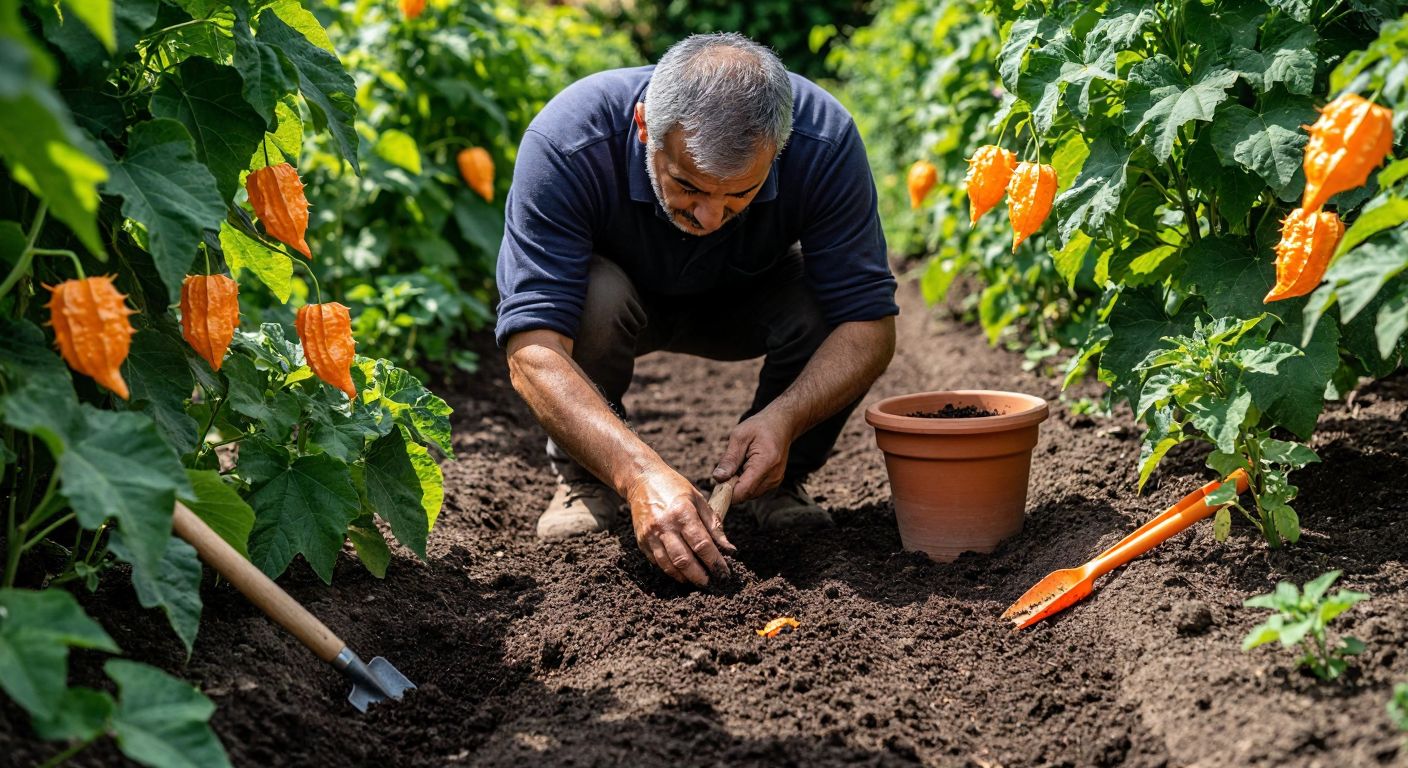 A Turkish gardener in a sunlit garden carefully planting kudret narı seeds in rich, well-drained soil, with a terracotta pot and gardening tools nearby, surrounded by vibrant green leaves and orange blossoms.
