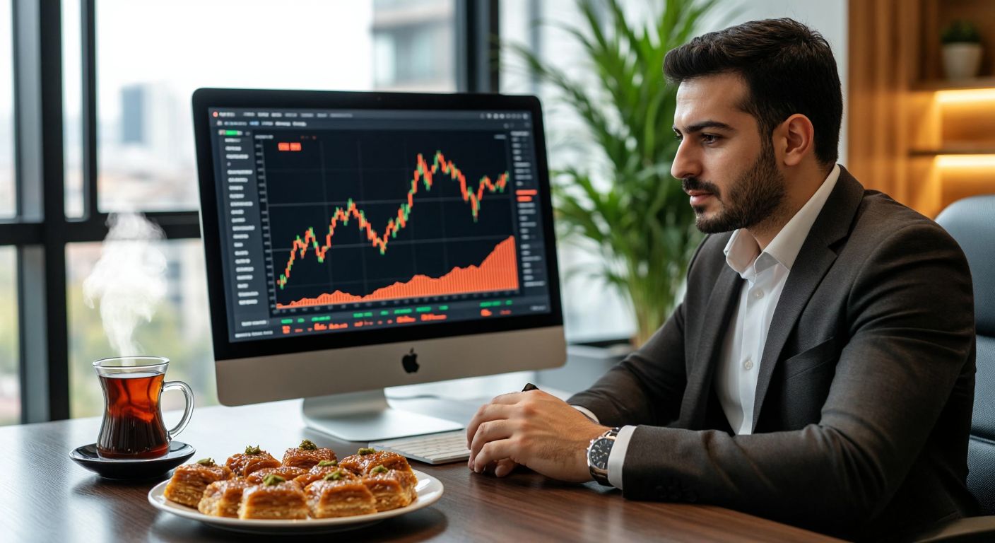 A confident Turkish businessman in a modern office reviews stock market charts on a sleek computer screen, with a steaming cup of Turkish coffee and a plate of baklava beside him.