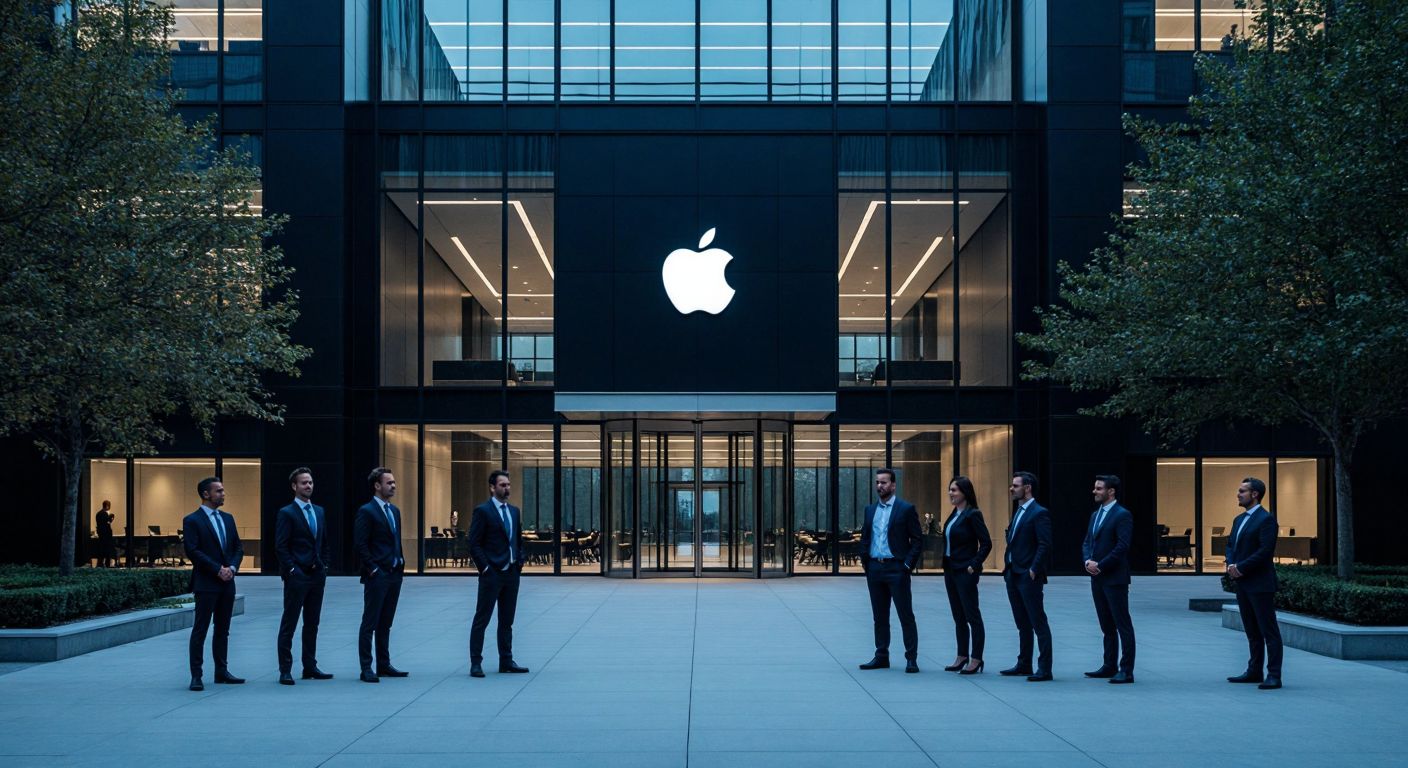 A sleek, modern office building with a glowing Apple logo at the entrance, surrounded by well-dressed professionals in business attire, exuding confidence and professionalism.