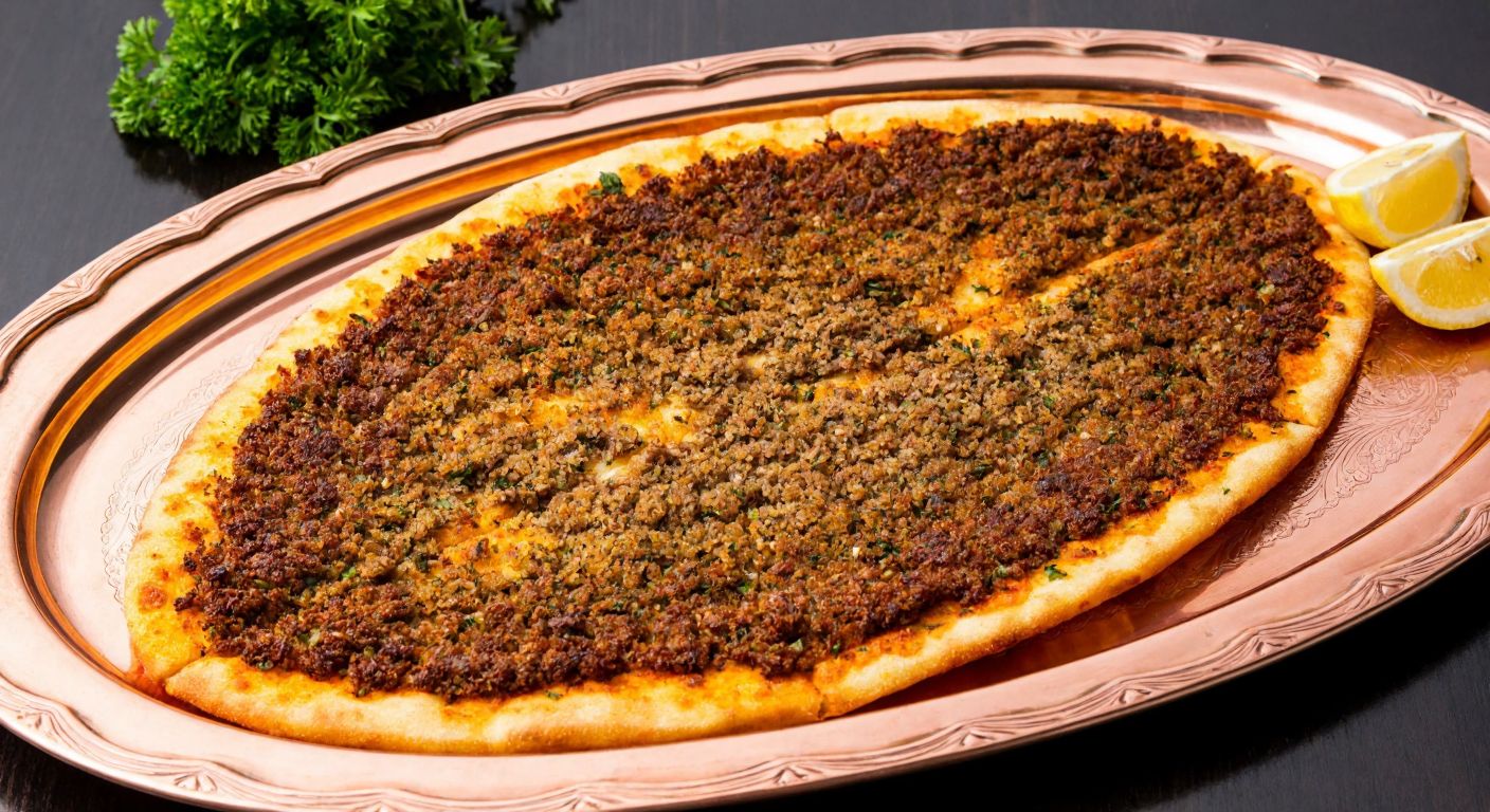 A golden, crispy lahmacun topped with finely ground bulgur and minced meat, served on a traditional Adana-style copper tray with fresh parsley and lemon wedges beside it.