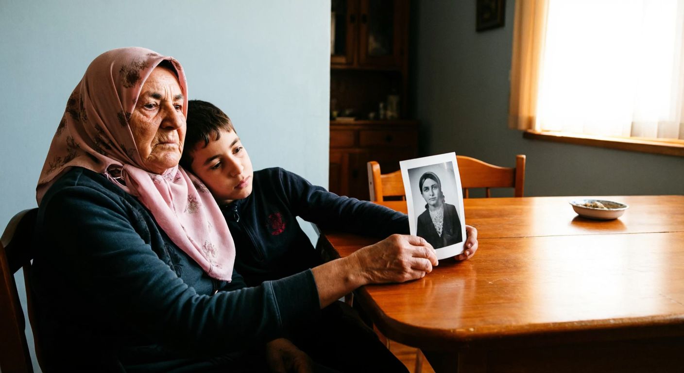 A solemn elderly woman in a headscarf sits at a wooden table in a modest Turkish home, holding a faded photograph of a loved one while a younger child leans against her shoulder, their expressions reflecting quiet hope and concern.