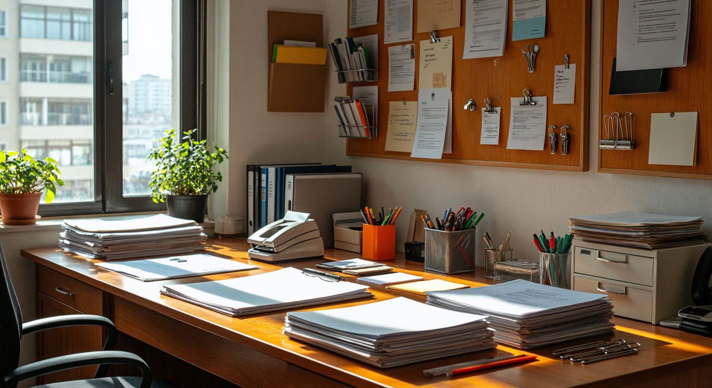 A wooden desk in a Turkish office cluttered with a stapler, small magnets holding papers on a metal board, a glue gun with drying adhesive, hooks with hanging folders, and metal clips gripping stacked documents.