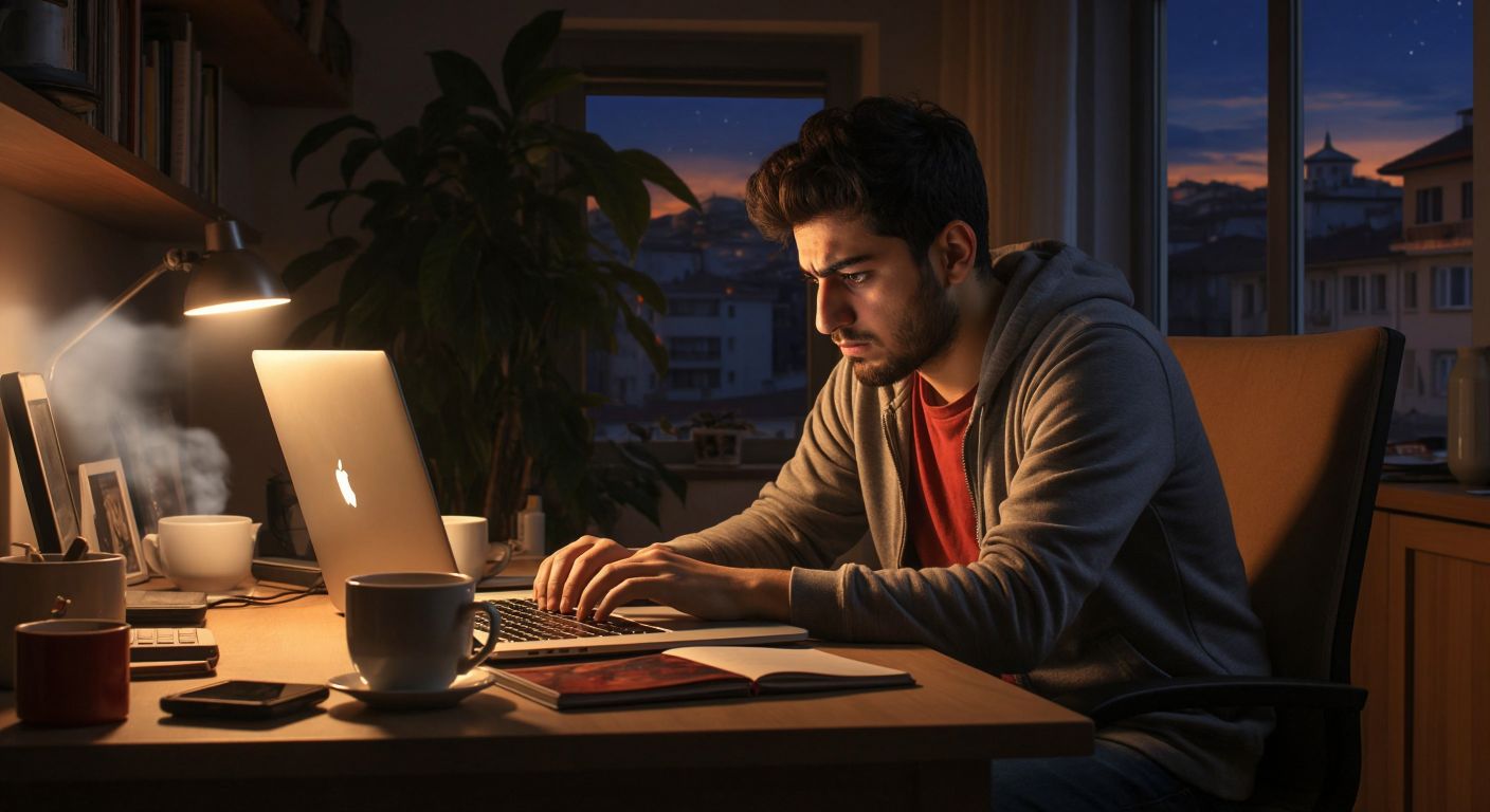 A frustrated Turkish user in a cozy home office with a laptop open, their face lit by the screen's glow, while a steaming cup of çay sits beside them, as they navigate a website with a cursor hovering over a cancellation button.
