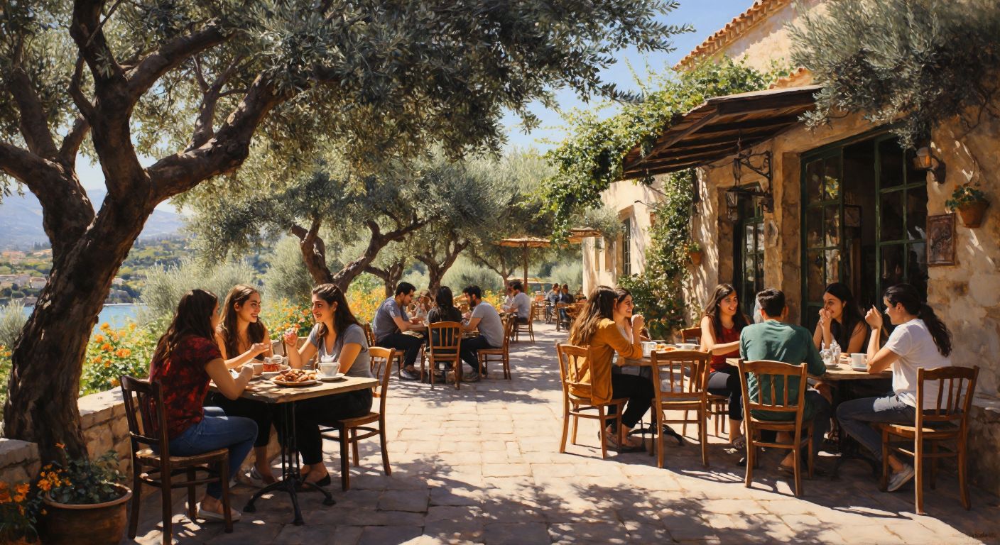 A cozy outdoor café under olive trees, with students chatting over steaming cups of Turkish tea and plates of börek, under a warm Mediterranean sun.