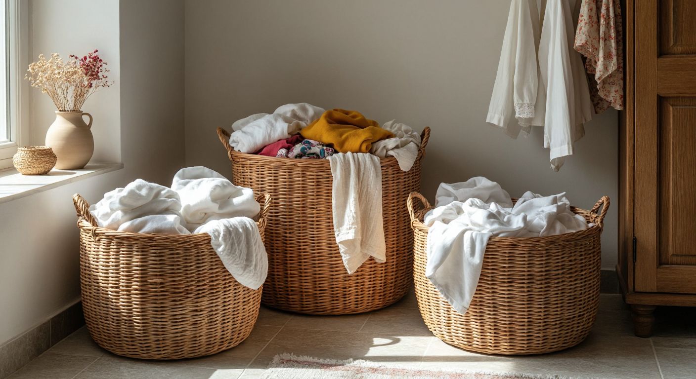 A bright Turkish laundry room with three woven wicker baskets neatly arranged—one filled with white cotton clothes, another with colorful fabrics, and the last holding delicate woolen garments.