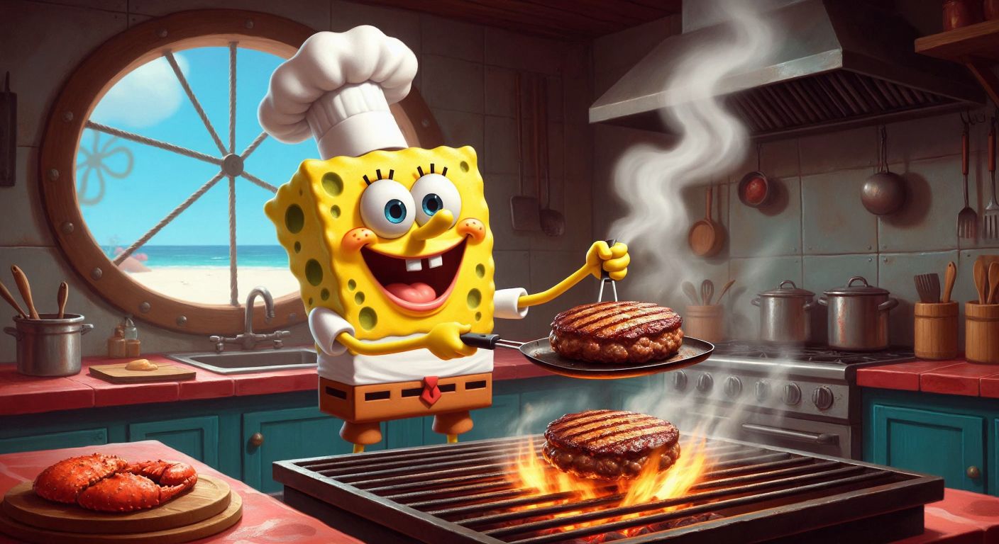 A cheerful SpongeBob SquarePants in his cook outfit flipping a sizzling, juicy crabby patty on a grill inside the Krusty Krab, with steam rising and a delighted expression on his face.