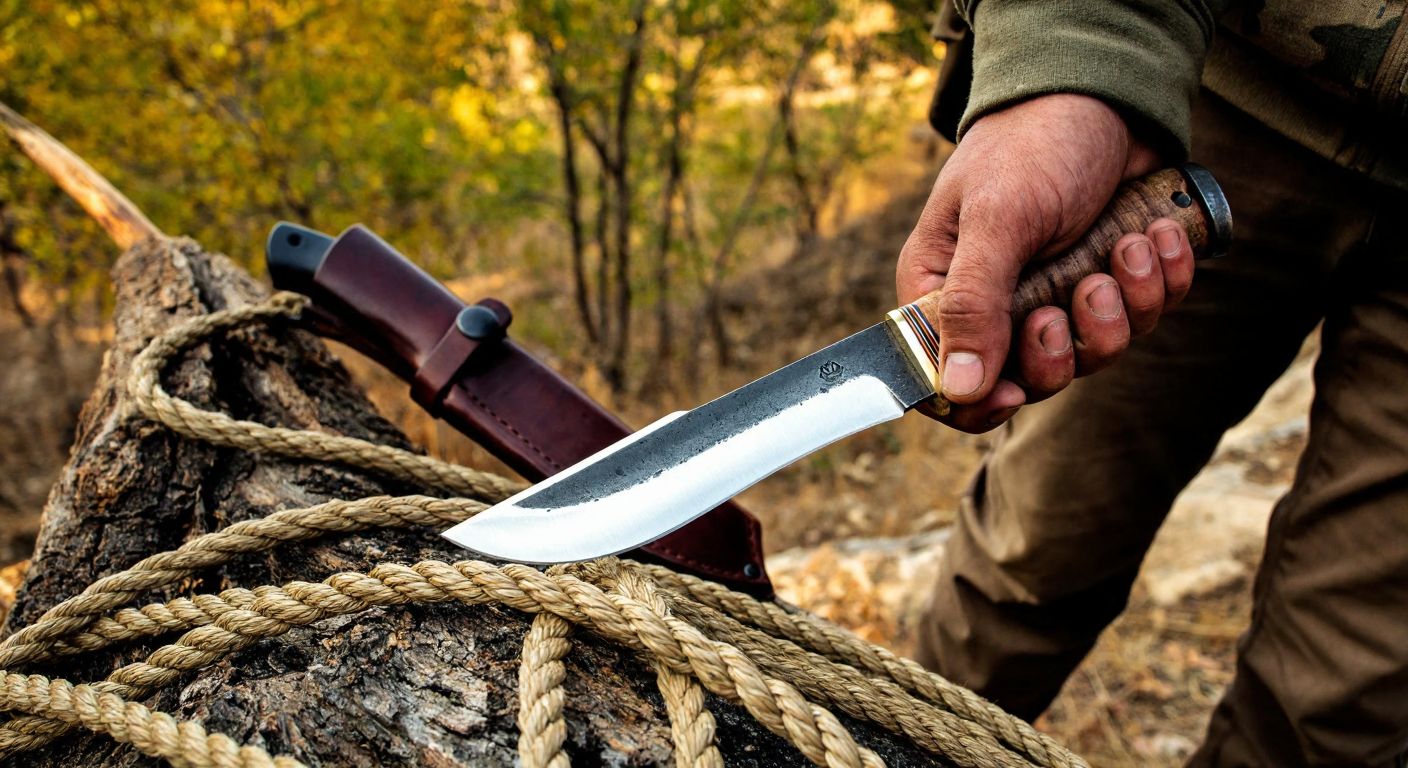 A rugged outdoor scene in Turkey with a hunter holding a curved drop-point knife skinning game, while a survivalist nearby grips a straight-edged tanto knife piercing thick rope, both blades gleaming under the sun.
