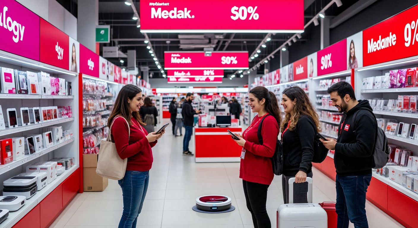 A bustling MediaMarkt store in Turkey with colorful discount banners, happy mothers examining discounted electronics like tablets and robot vacuums, and cheerful sales assistants assisting customers.